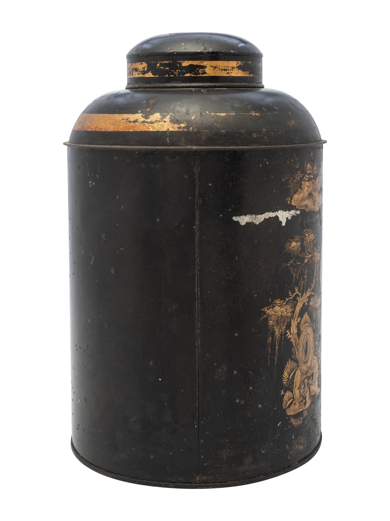 An English Chinoiserie Tole Painted Tea Cannister
