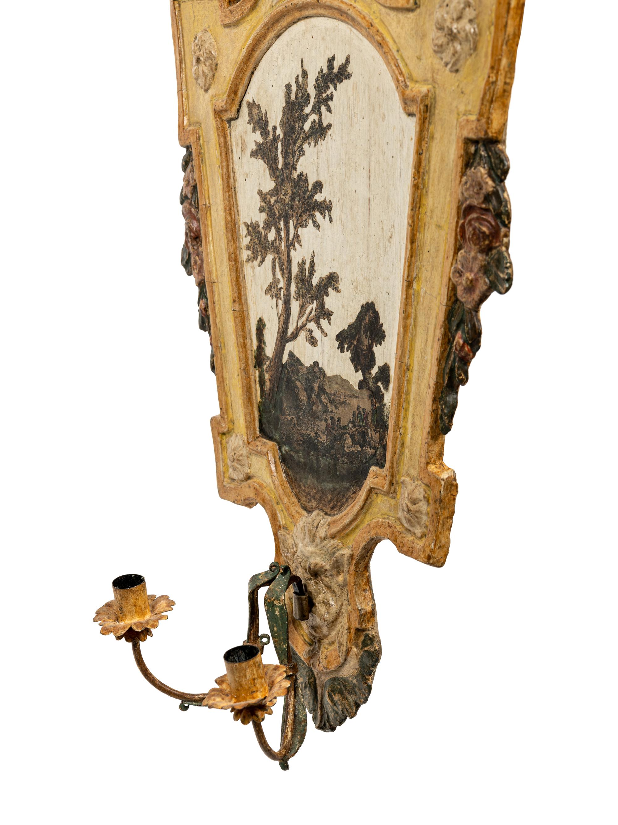 A Pair of North Italian Polychrome-Painted Two-Light Sconces