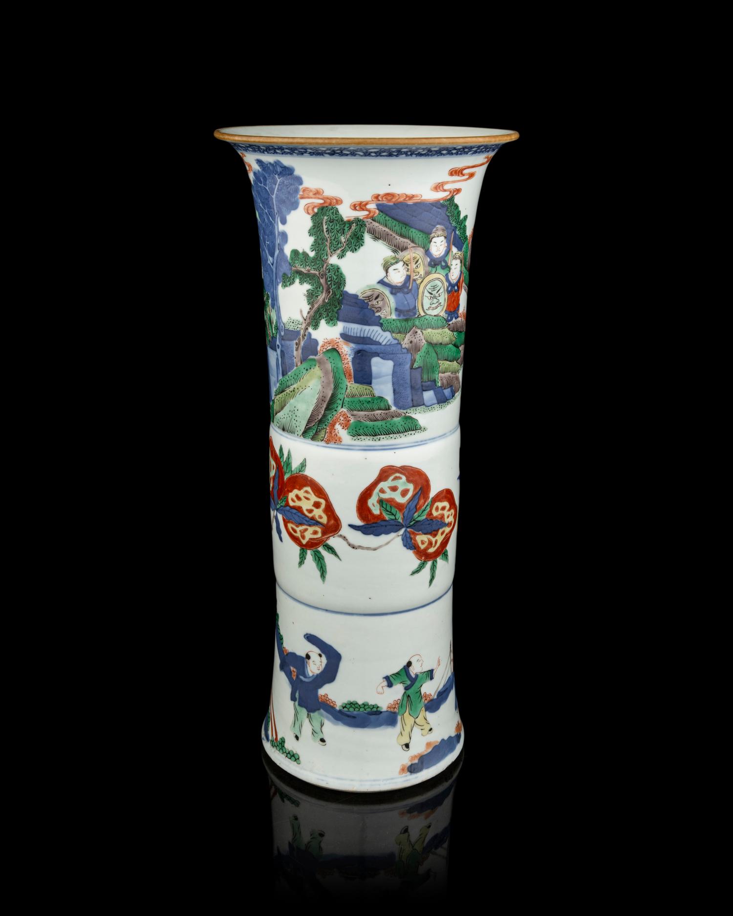 A Chinese Underglazed Blue and Wucai Porcelain Gu Vase
