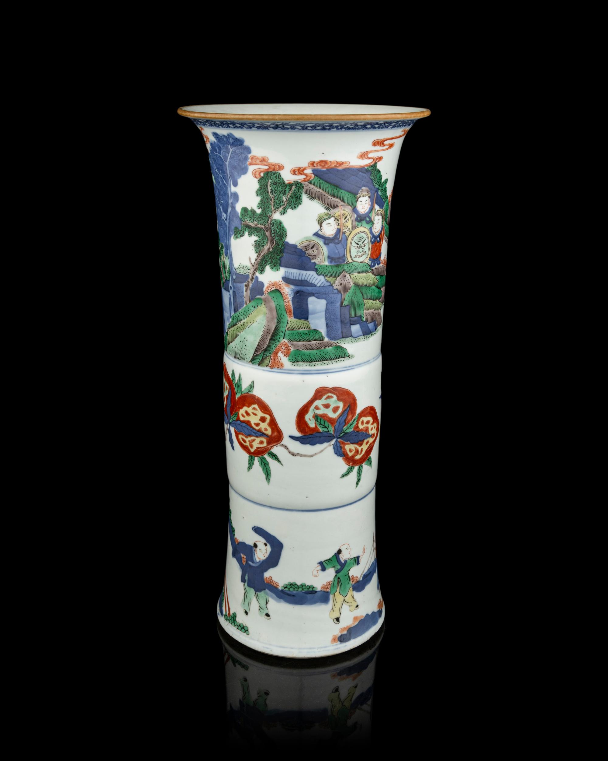 A Chinese Underglazed Blue and Wucai Porcelain Gu Vase