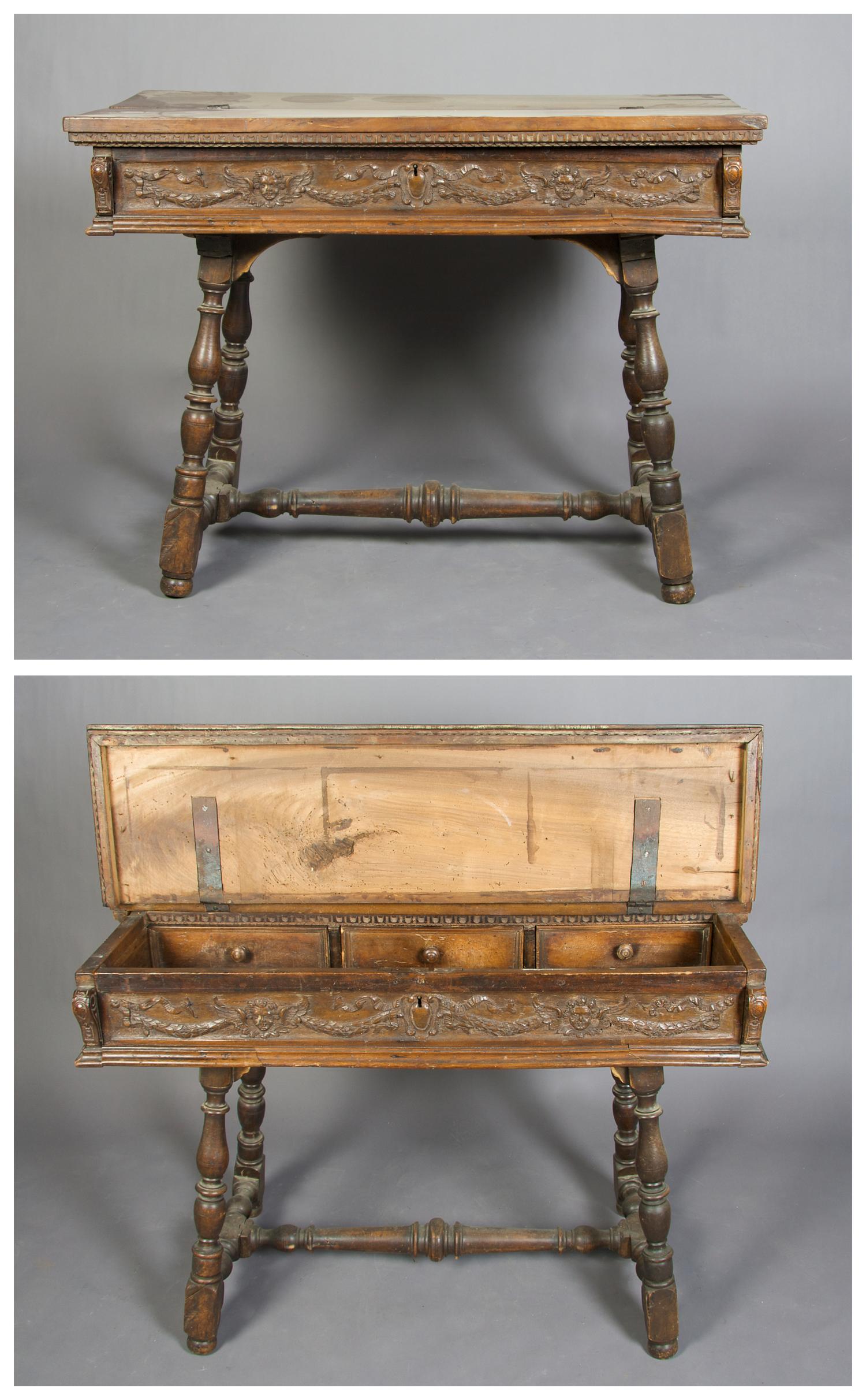 A Continental Carved Walnut Desk, Height 36 x width 48 1/2 x depth 25 3/4 inches.