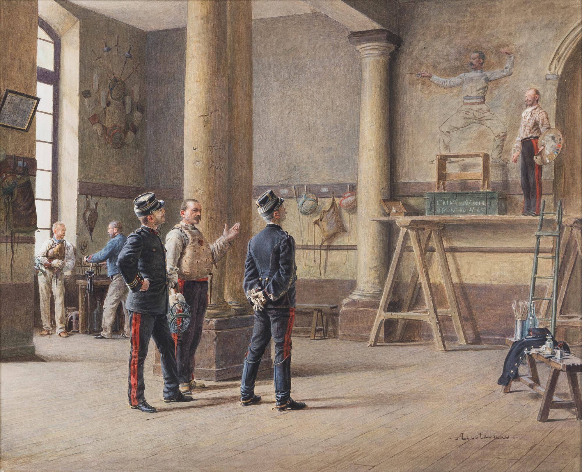 Louis Auguste Georges Loustaunau, (French, 1846-1898), Admiring the Mural at the Fencing School