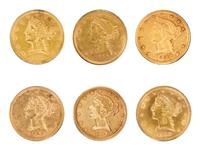 A Group of Six United States Liberty Head $5 Gold Coins