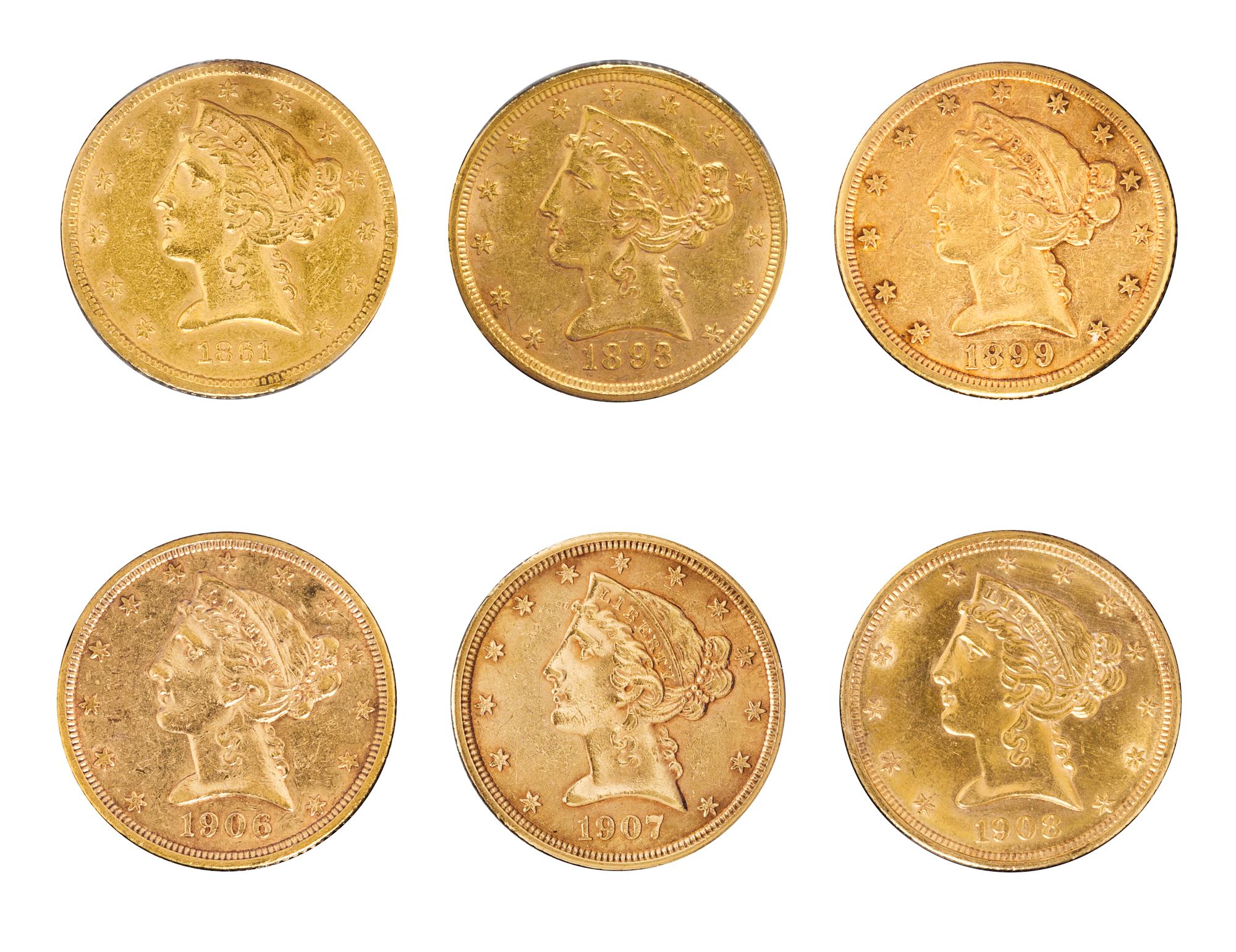 A Group of Six United States Liberty Head $5 Gold Coins