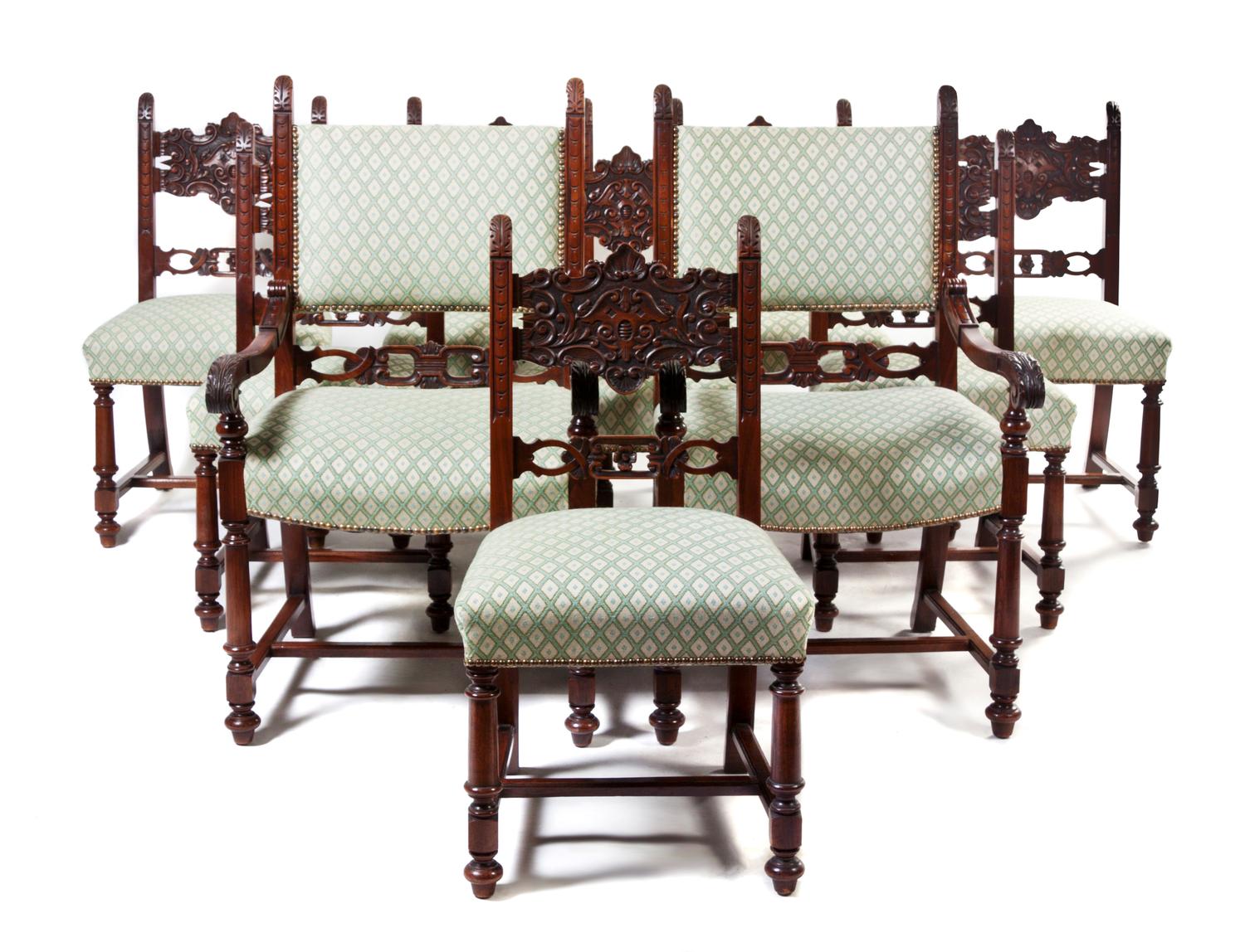 An Assembled Renaissance Revival Mahogany Dining Suite, Height of first 36 inches.