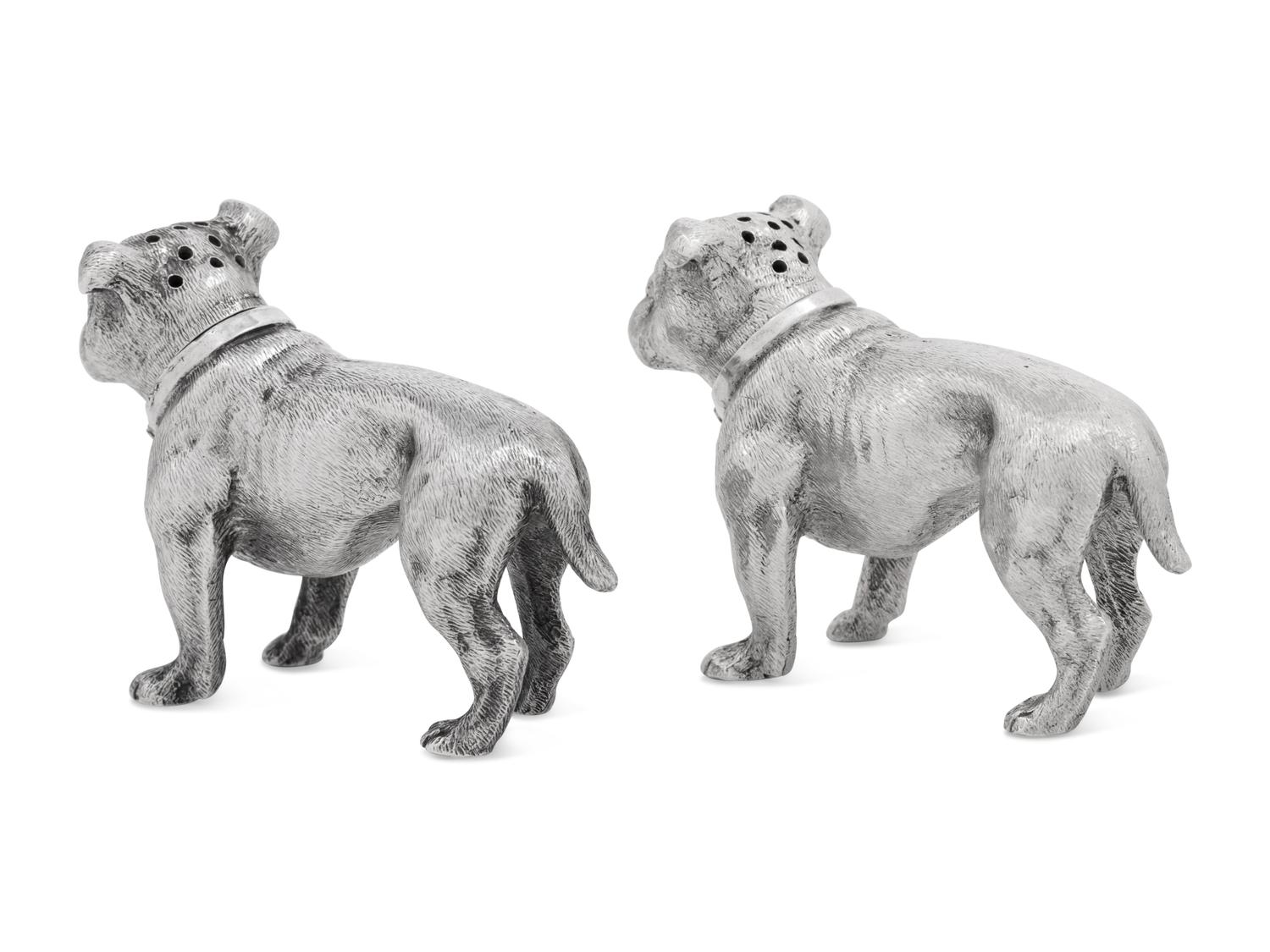 A Pair of Silver Salt and Pepper Shakers in the Form of Bulldogs