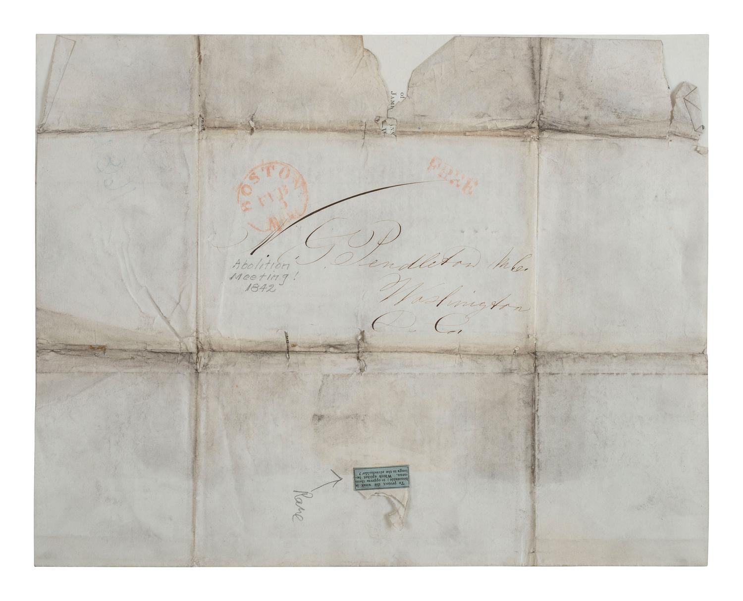 [SLAVERY & ABOLITION]. GARRISON, William Lloyd (1805-1879). Great Meeting in Faneuil Hall, for the abolition of Slavery in the District of Columbia. Boston: N.p., 1842. Postmarked Boston, 1842.