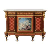 A Louis XVI Style Gilt Bronze and Porcelain Mounted Marble-Top Console Cabinet
