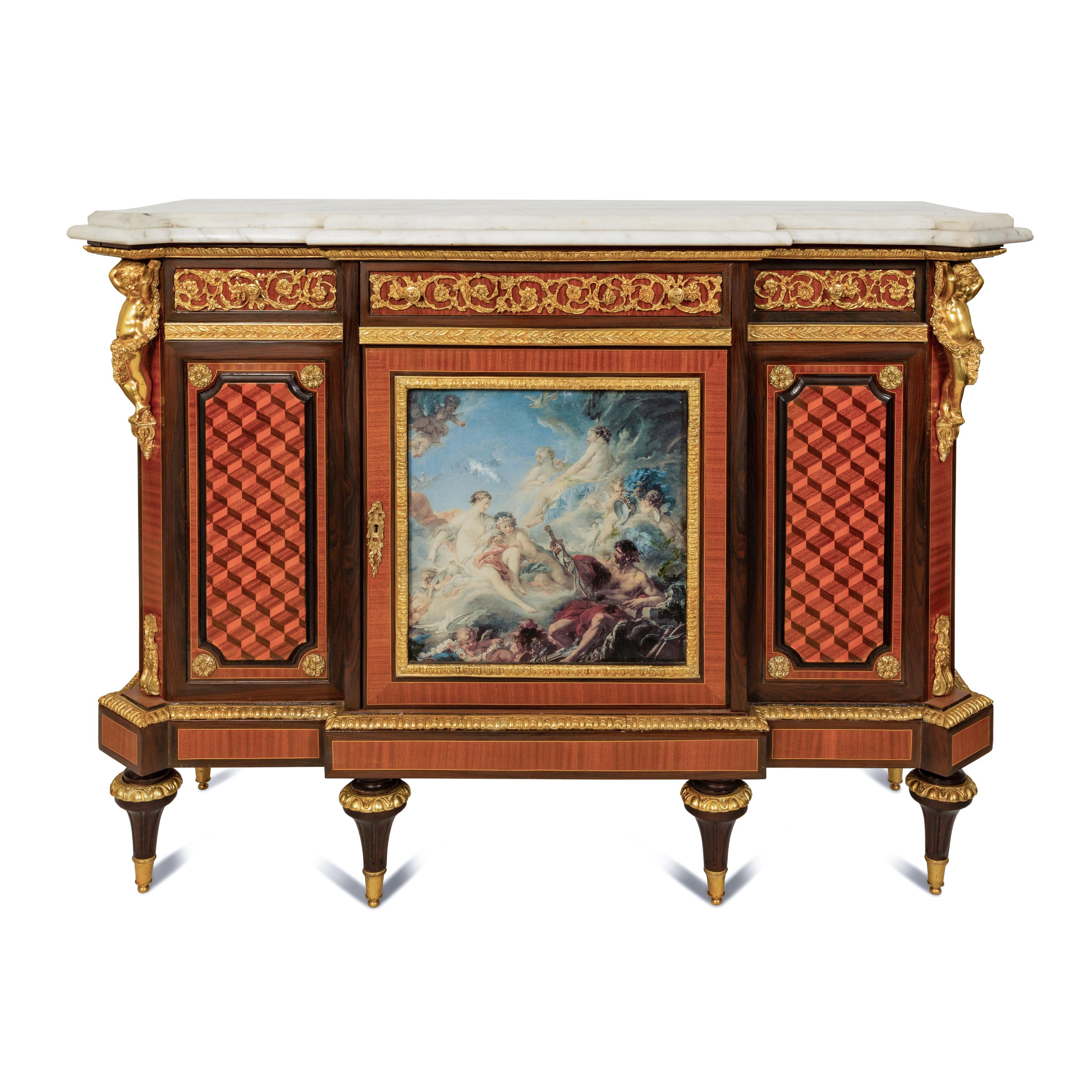 A Louis XVI Style Gilt Bronze and Porcelain Mounted Marble-Top Console Cabinet