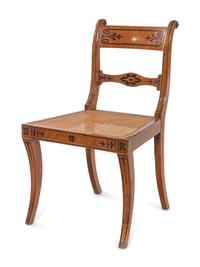 A Set of Six Continental Ebony Inlaid Fruitwood Dining Chairs