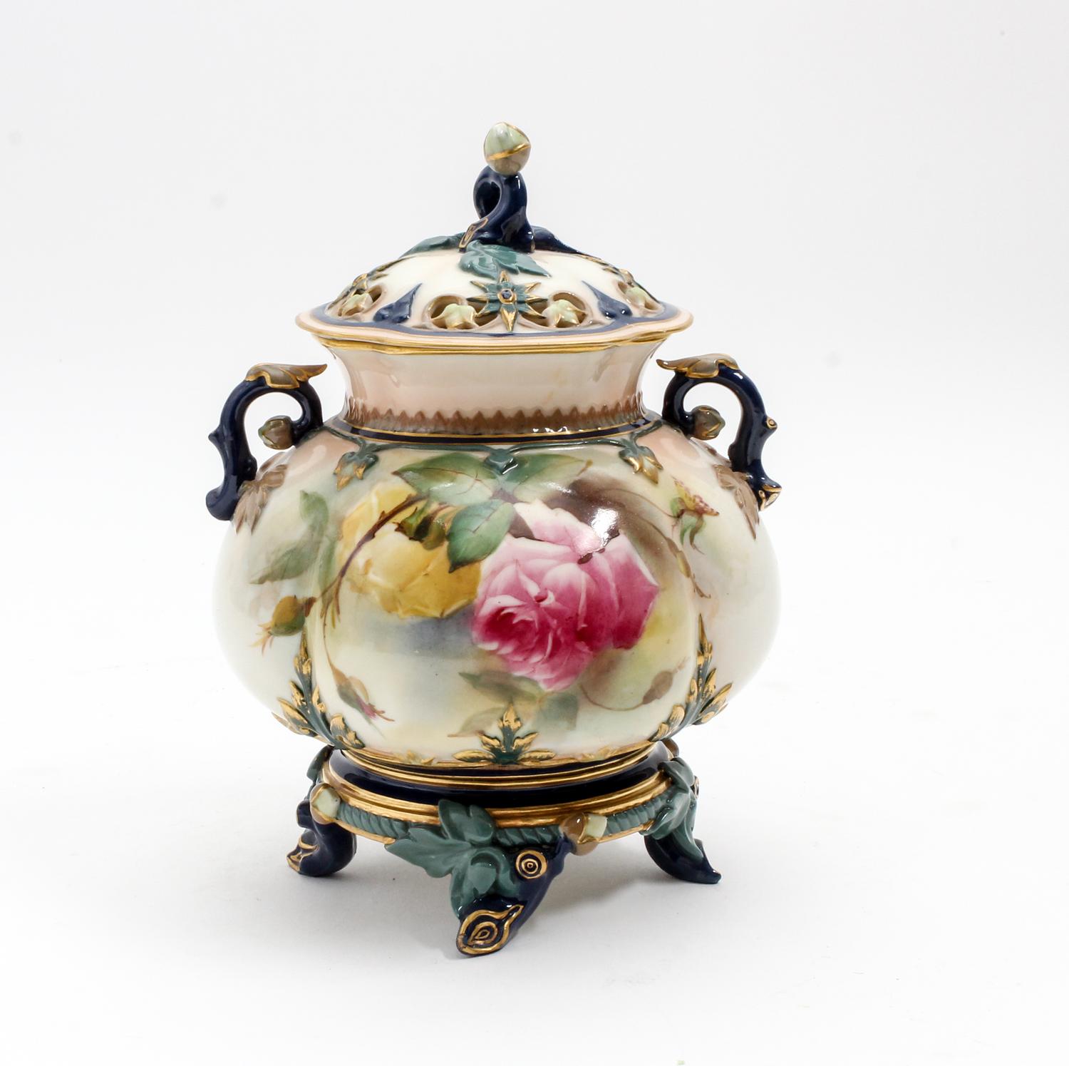 A Royal Worcester Porcelain Covered Potpourri Vase Height 7 1/2 inches. — 1908