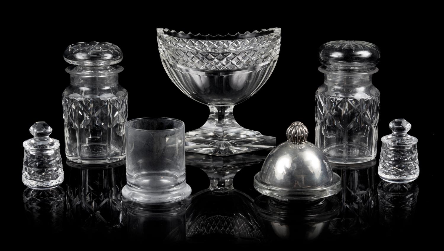 A Group of Glass Table Articles Height of tallest 6 1/8 inches.