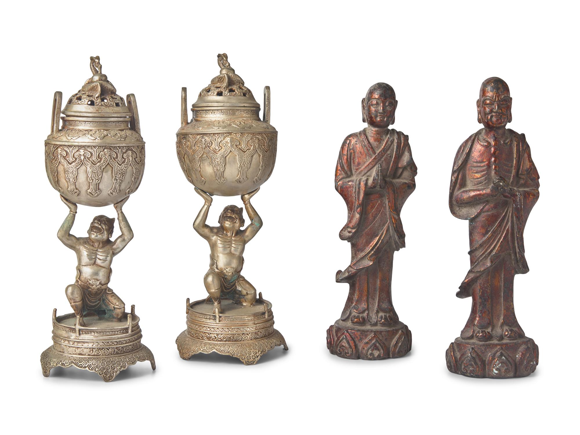 A Pair of Lacquered Bronze Lohan and a Pair of Covered "Oni" Vases