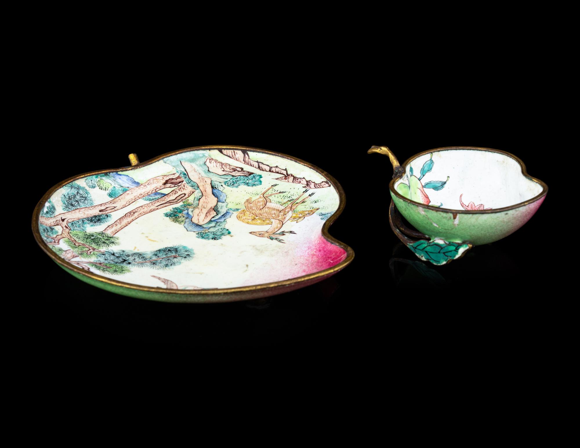Two Canton Enamel on Copper Peach-Form Plates