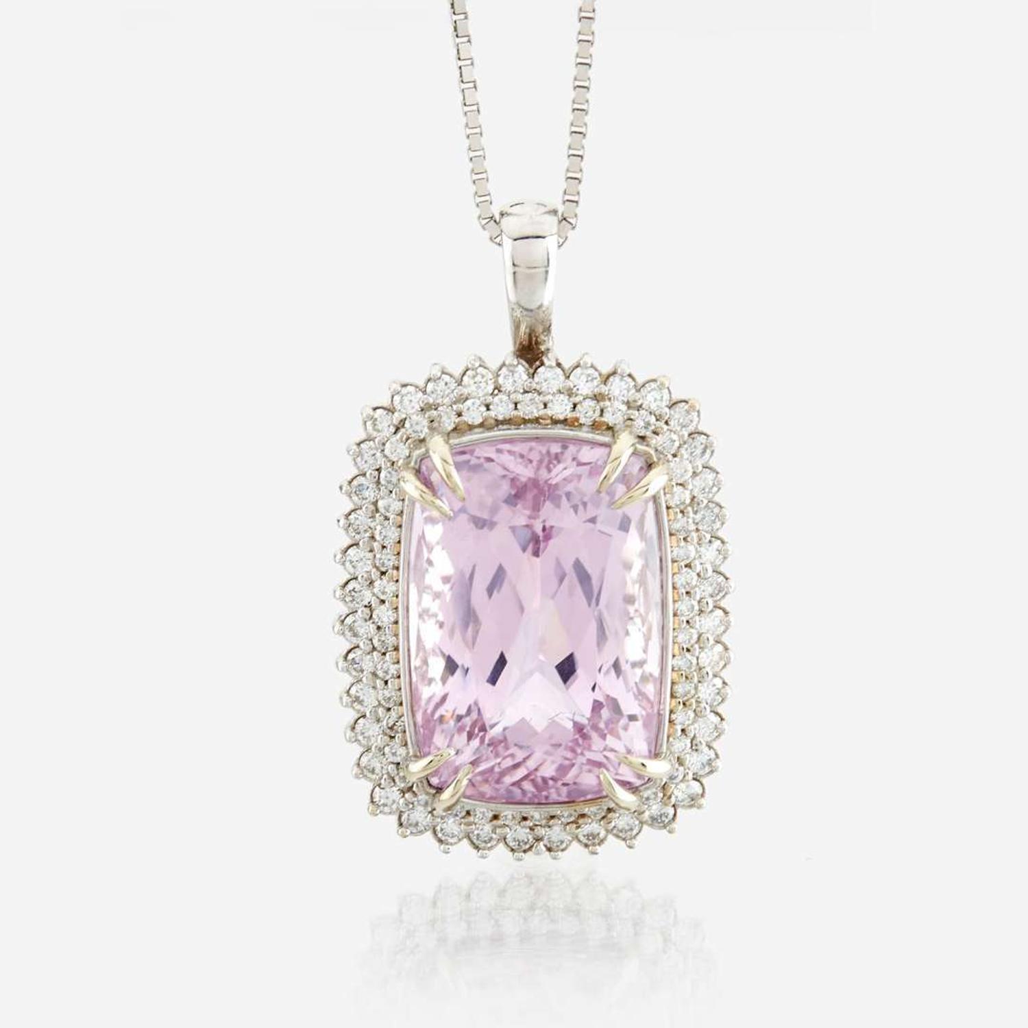 A kunzite, diamond, and white gold pendant