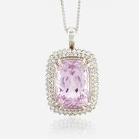 A kunzite, diamond, and white gold pendant