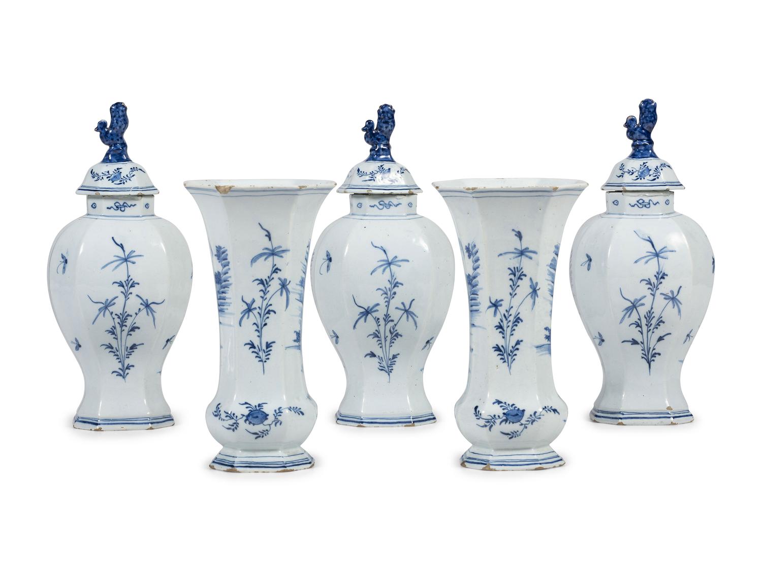 A Delft Earthenware Five-Piece Garniture