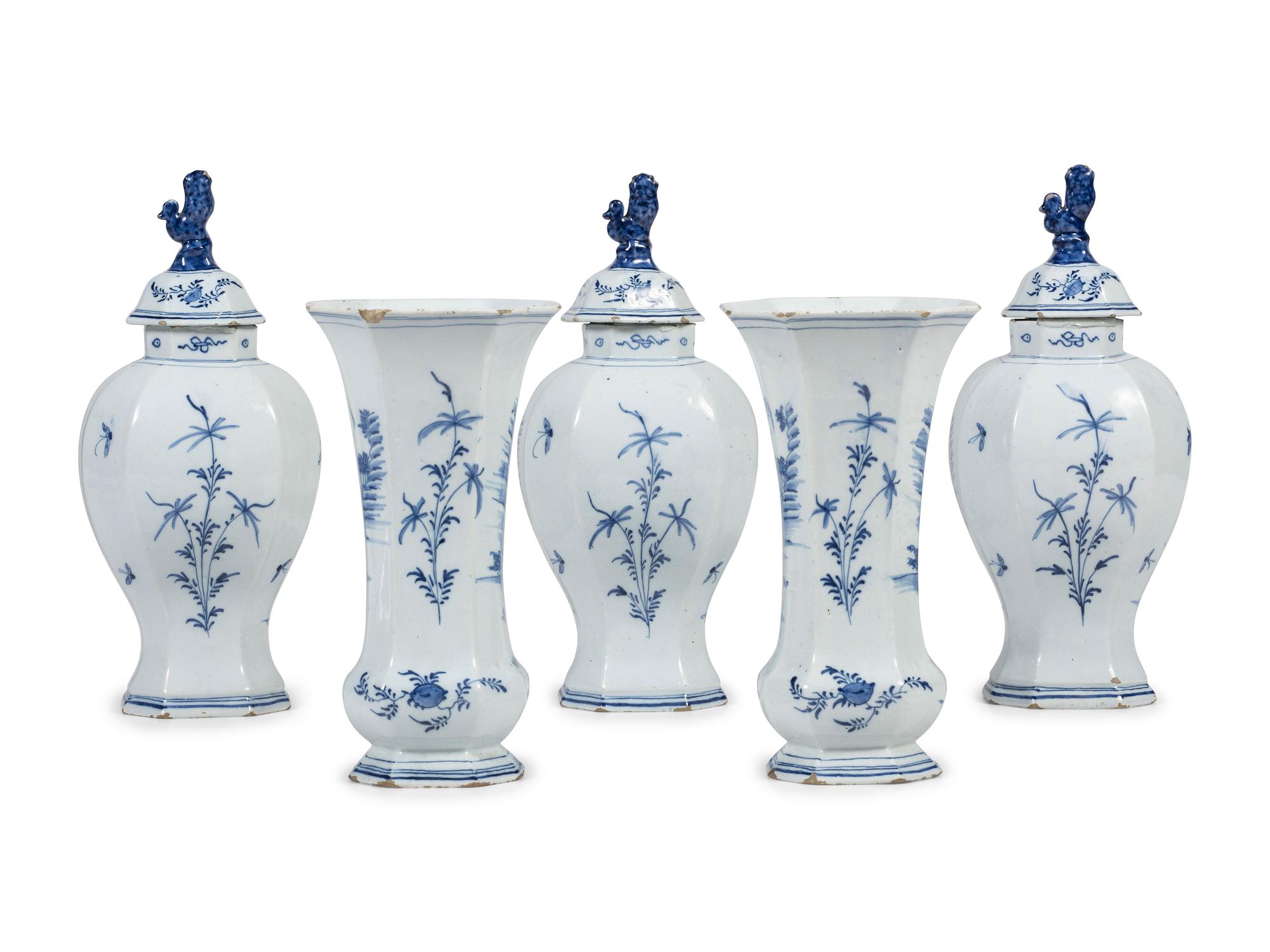 A Delft Earthenware Five-Piece Garniture