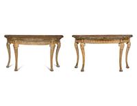 A Pair of Italian Gilt and Silvered Faux Marble-Top Console Tables