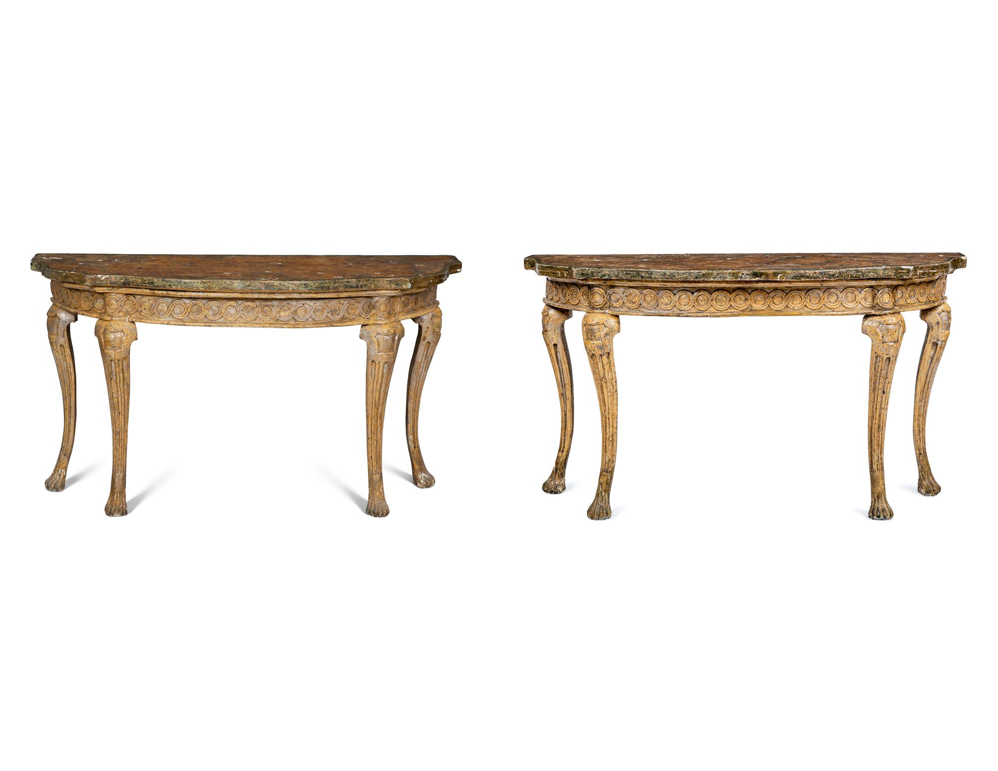 A Pair of Italian Gilt and Silvered Faux Marble-Top Console Tables
