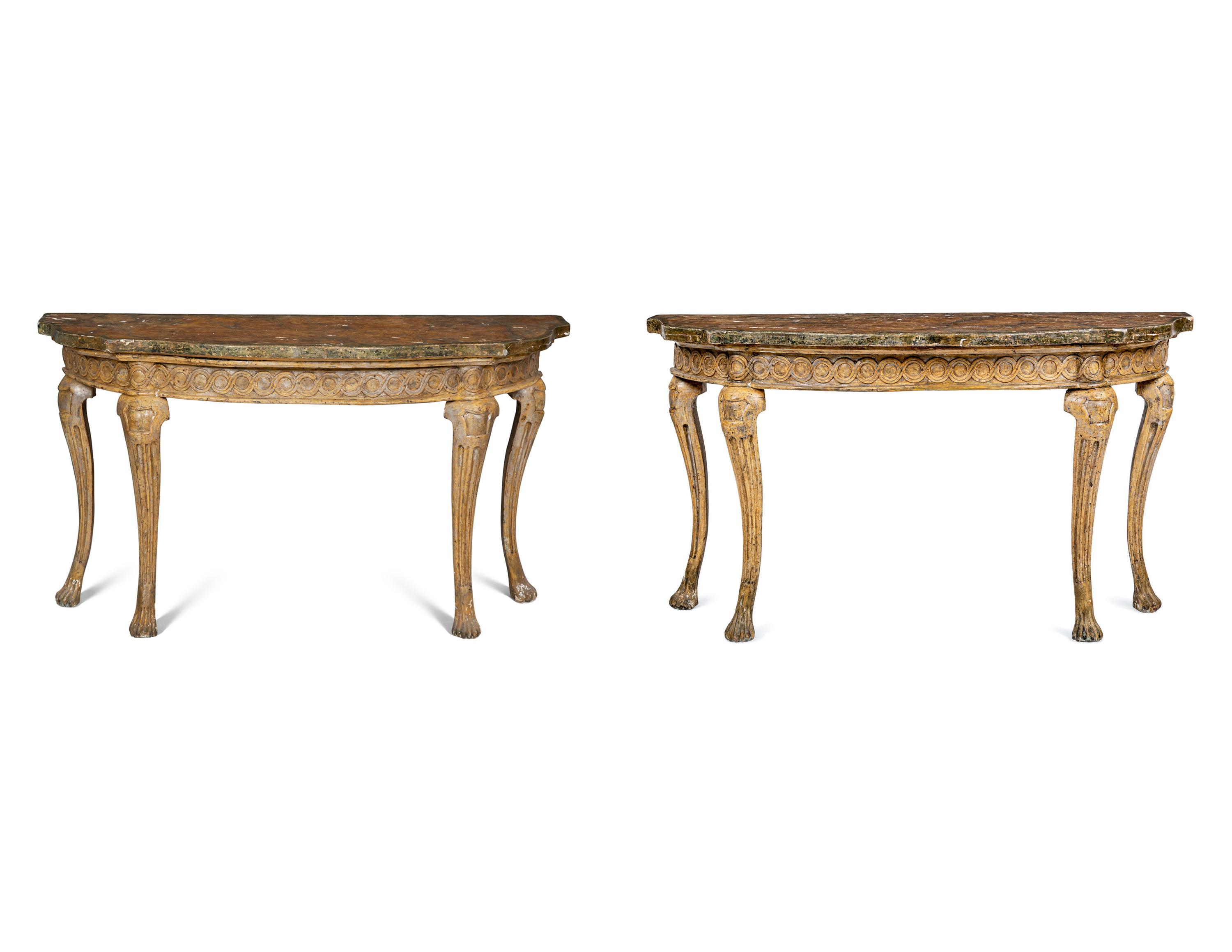 A Pair of Italian Gilt and Silvered Faux Marble-Top Console Tables