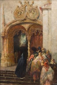 Hy (Henry) Sandham, (Canadian, 1842-1910), Peasants on Cathedral Steps, 1906
