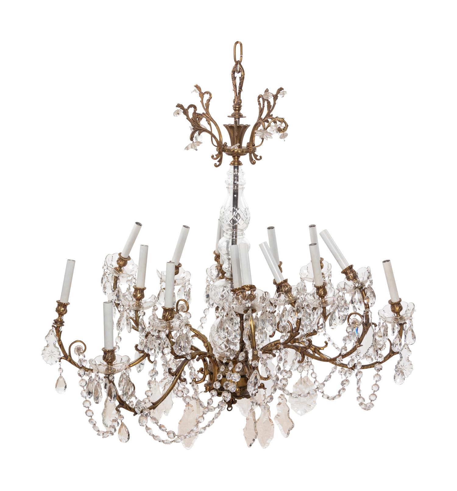 A Brass and Cut Glass Sixteen-Light Chandelier
