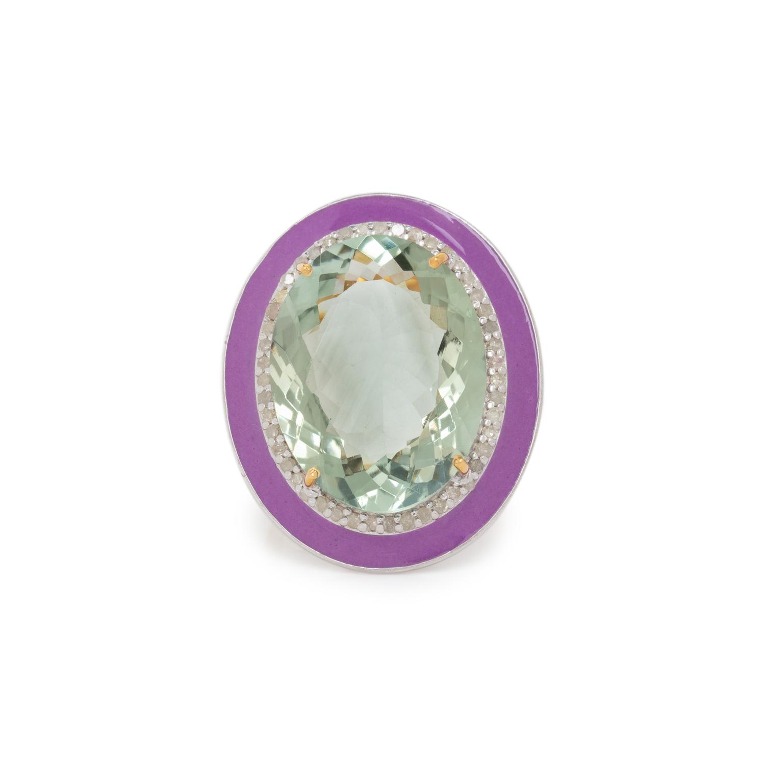 PRASIOLITE, DIAMOND AND ENAMEL RING