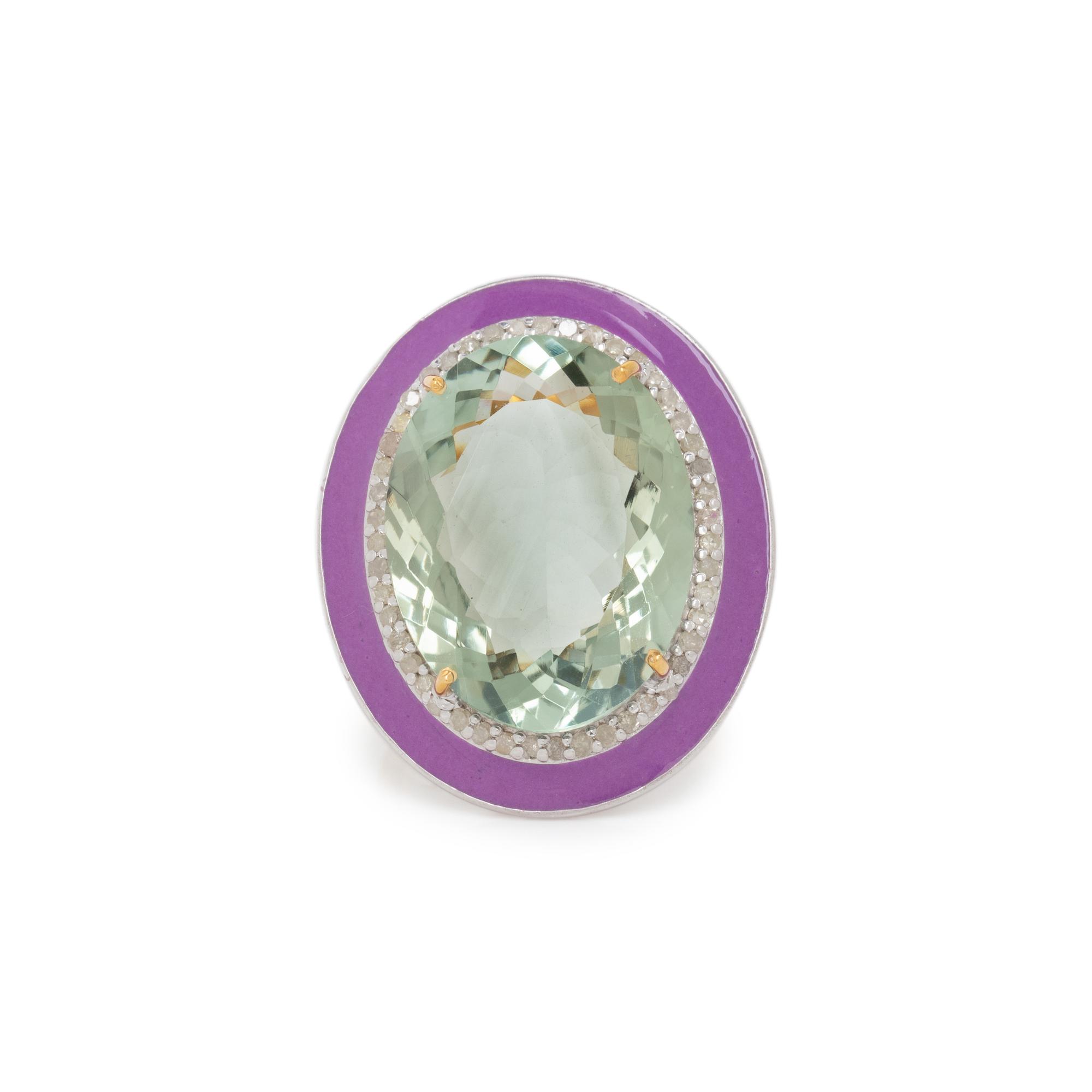 PRASIOLITE, DIAMOND AND ENAMEL RING