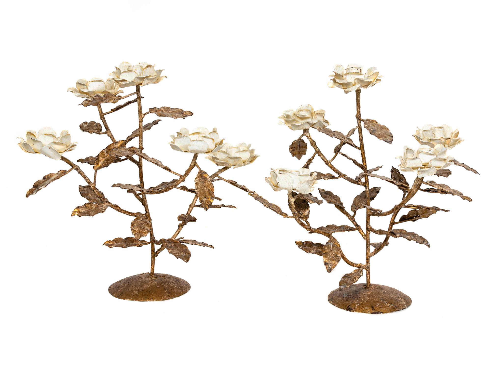 A Pair of Painted Tole Five-Light Candelabra