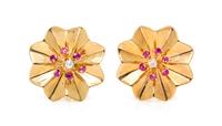 A Pair of Retro 14 Karat Yellow Gold, Ruby and Diamond Earclips, 12.30 dwts.