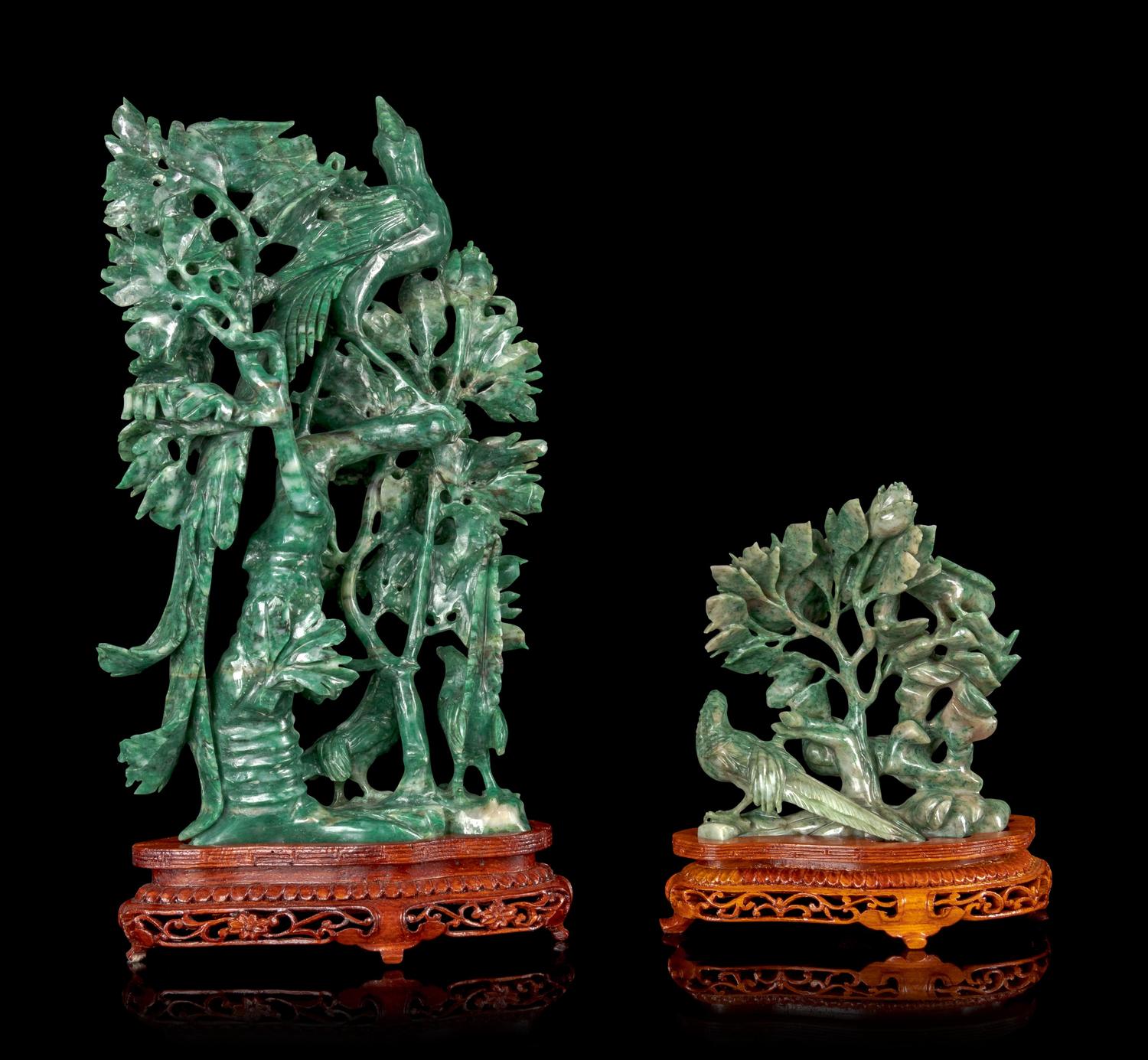 Two Chinese Green Hardstone Figural Groups of Birds