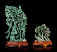 Two Chinese Green Hardstone Figural Groups of Birds