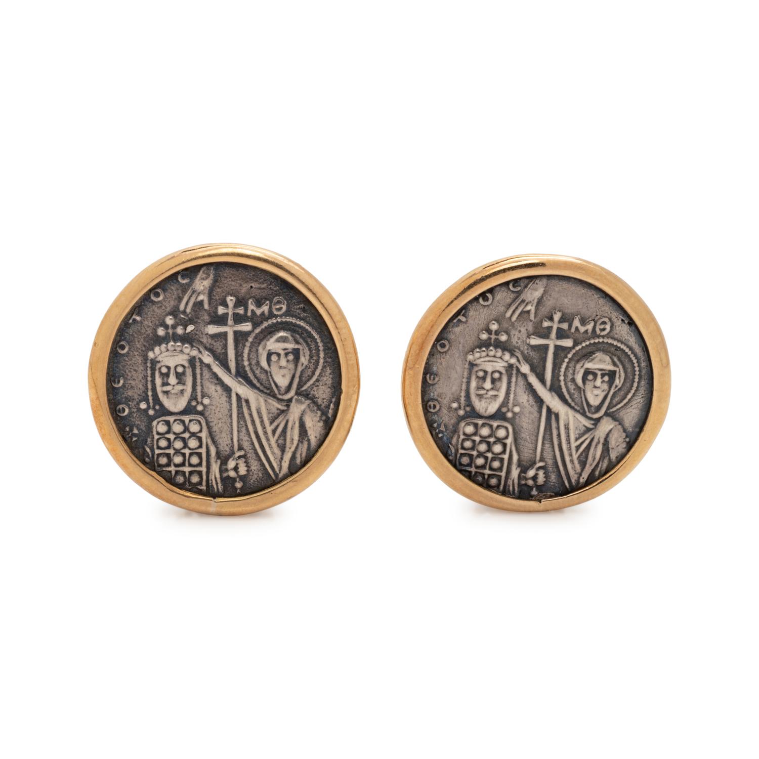 YELLOW GOLD AND COIN REPLICA EARCLIPS