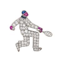 AUSTRIAN, ART DECO, DIAMOND, RUBY AND SAPPHIRE TENNIS PLAYER BROOCH