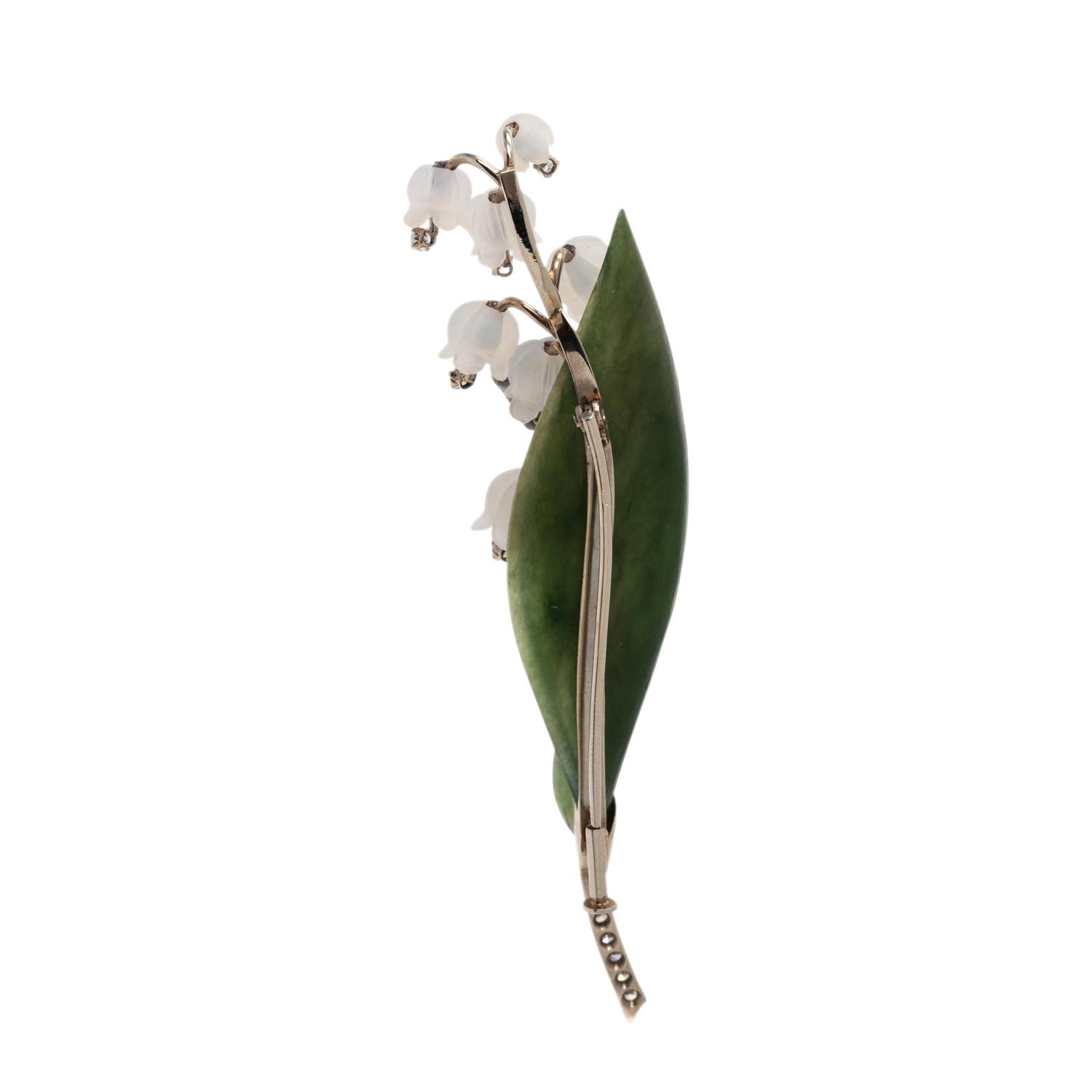 AUSTRIAN, NEPHRITE, ROCK CRYSTAL AND DIAMOND LILY-OF-THE-VALLEY BROOCH