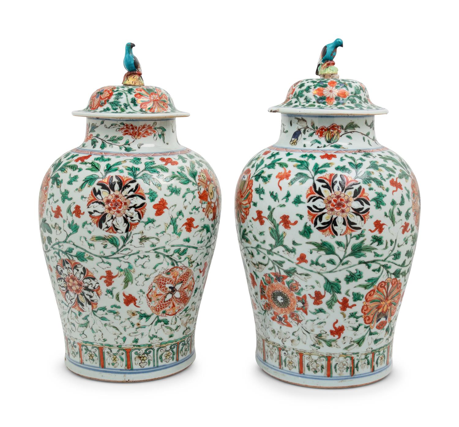A Pair of Wucai Porcelain Covered Jars