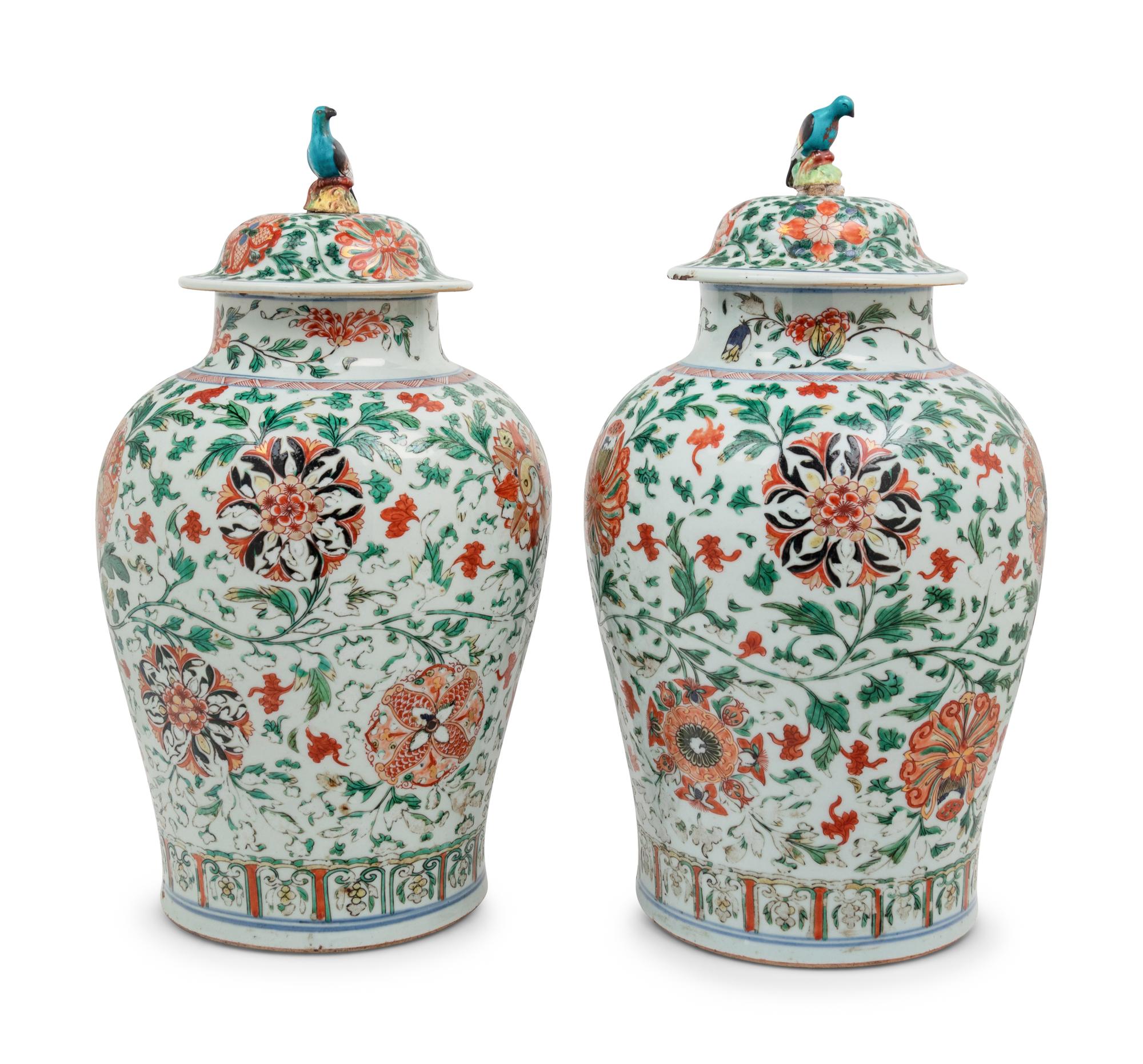 A Pair of Wucai Porcelain Covered Jars