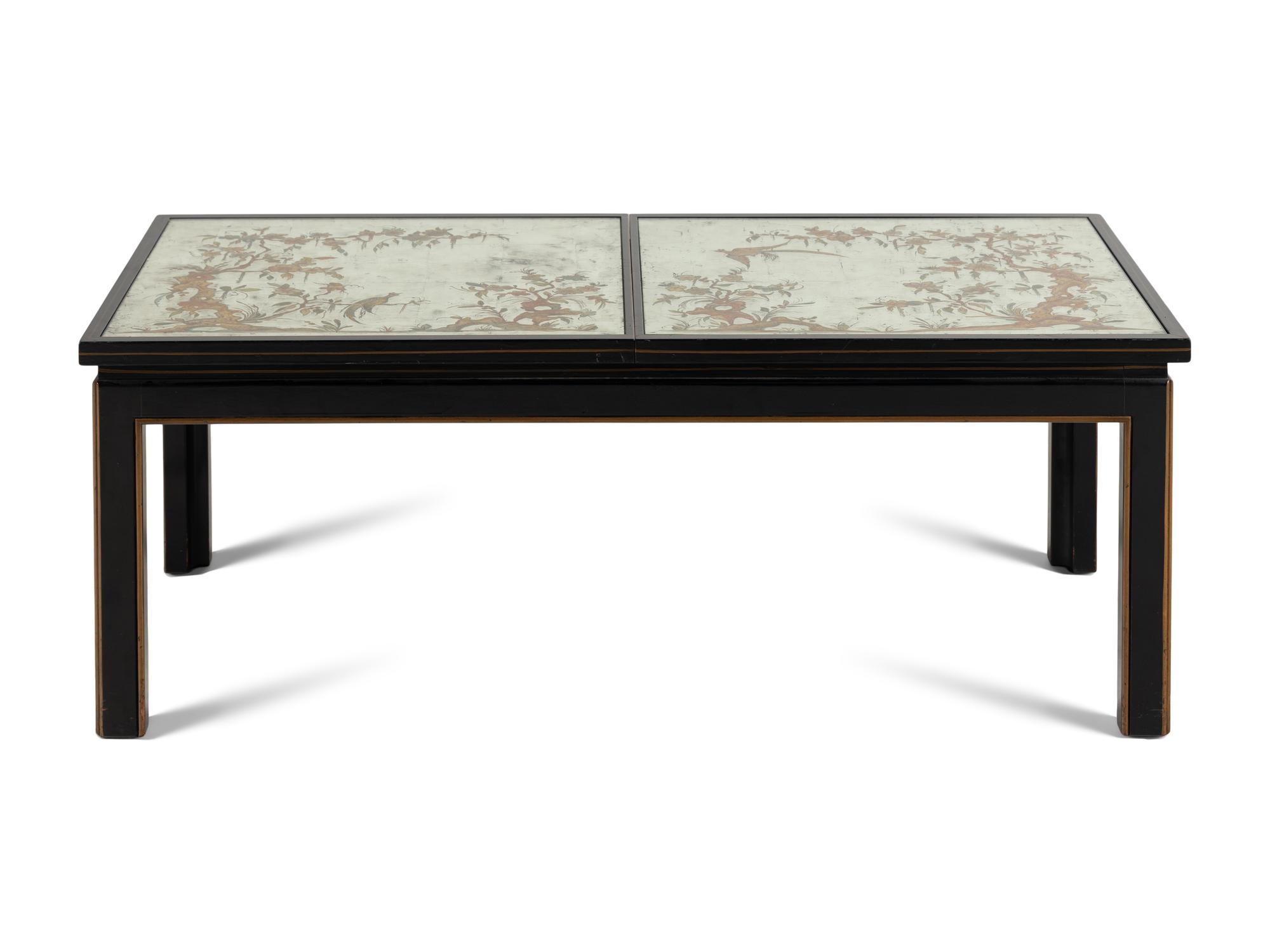 An Ebonized and Parcel Gilt Églomisé-Top Low Table