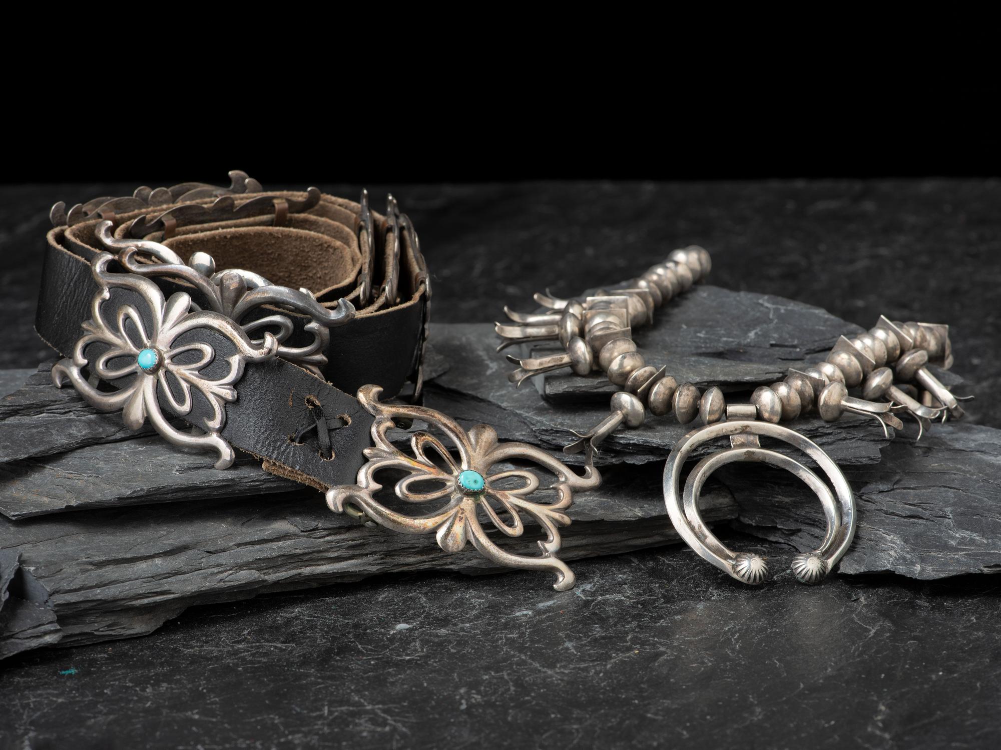 Navajo Silver Concha Belt and Squash Blossom Necklace