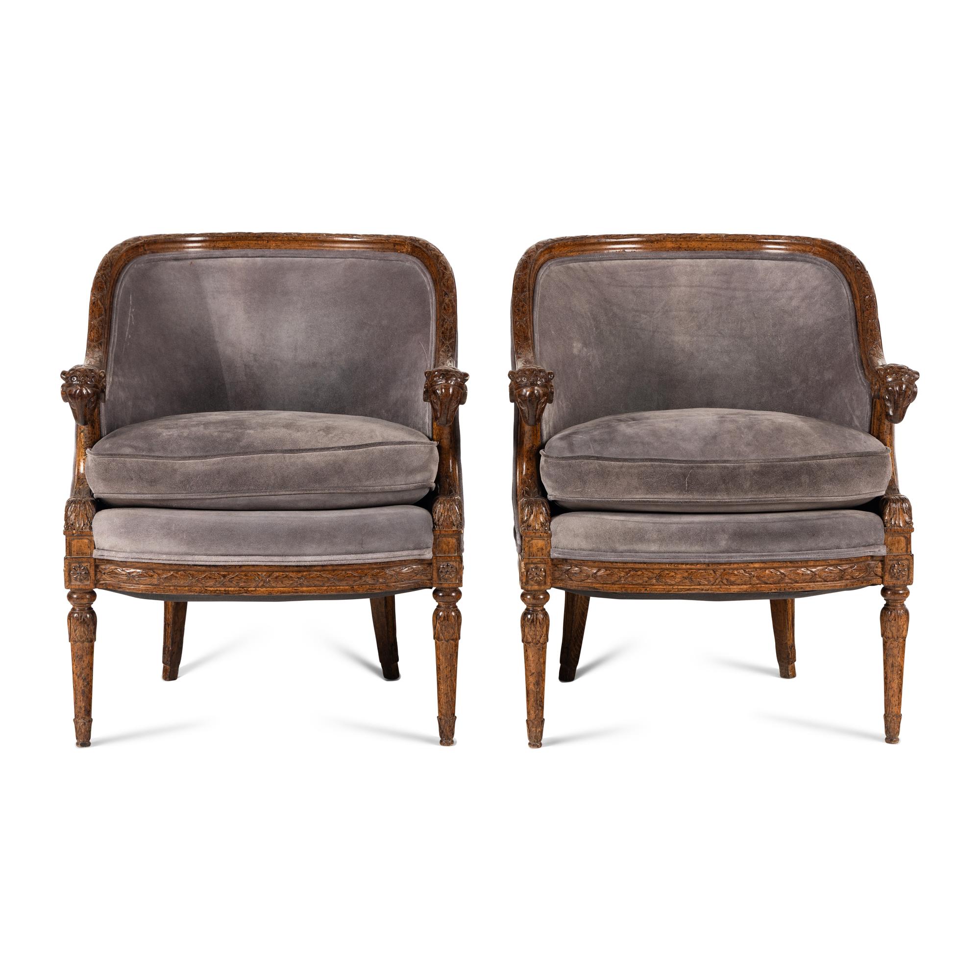 A Pair of Directoire Style Carved Walnut Tub Armchairs