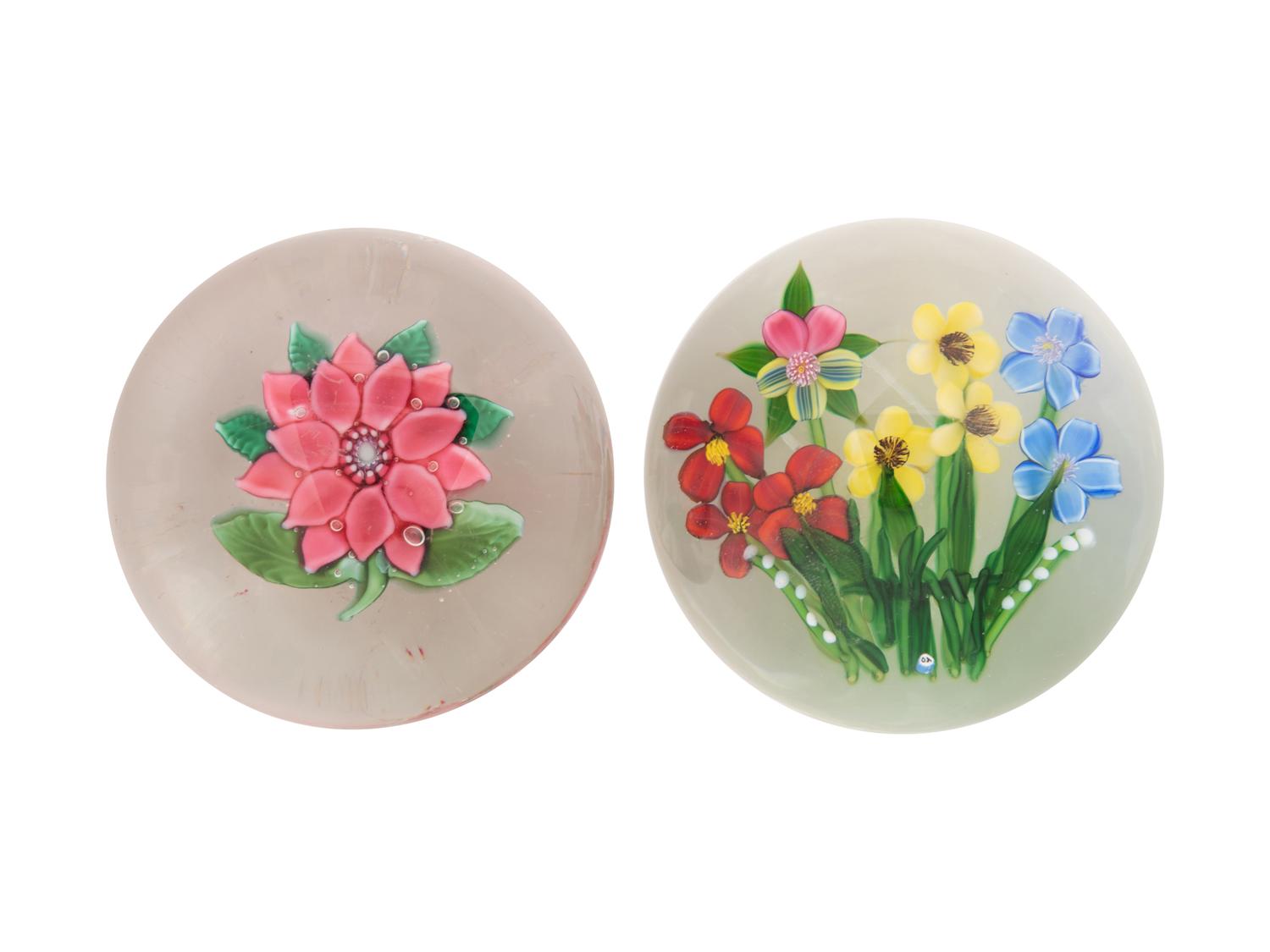 A Pink Double Clematis Glass Paperweight and a Gathering of Flowers Glass Paperweight