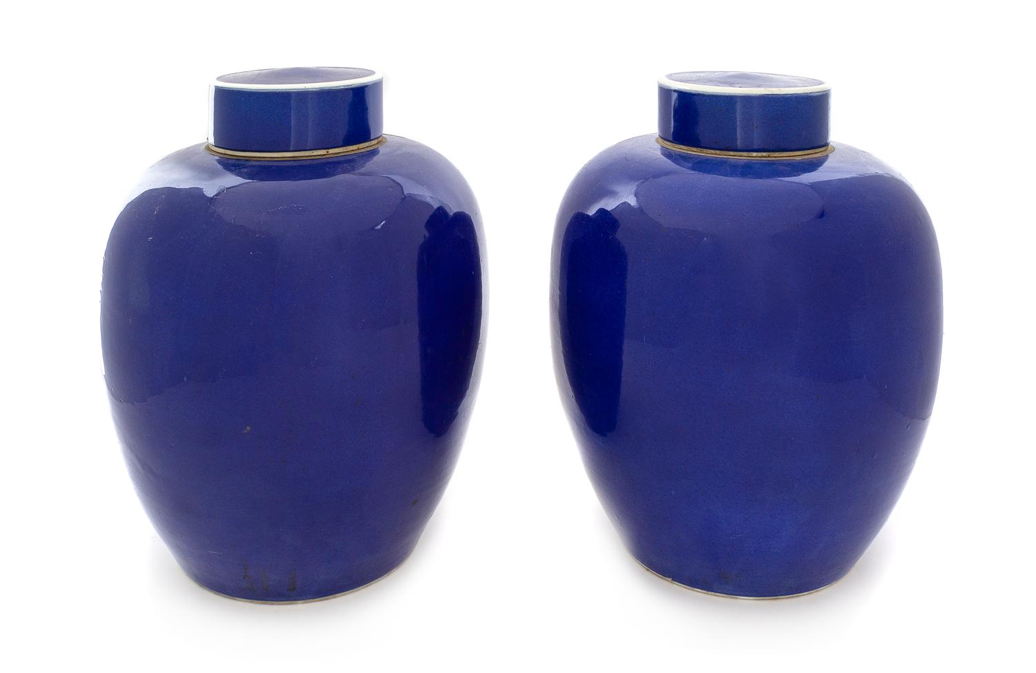 A Large Pair of Blue Glazed Porcelain Covered Jars Height 13 inches. — 19TH CENTURY