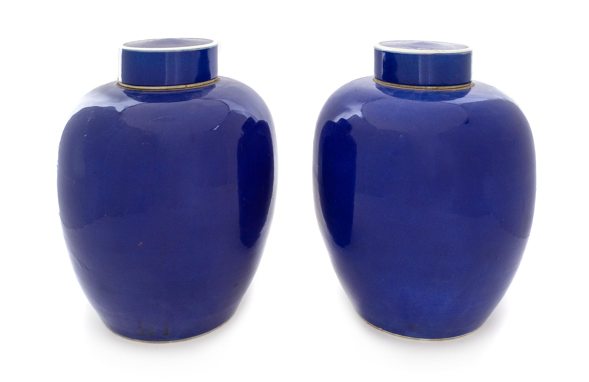 A Large Pair of Blue Glazed Porcelain Covered Jars Height 13 inches. — 19TH CENTURY