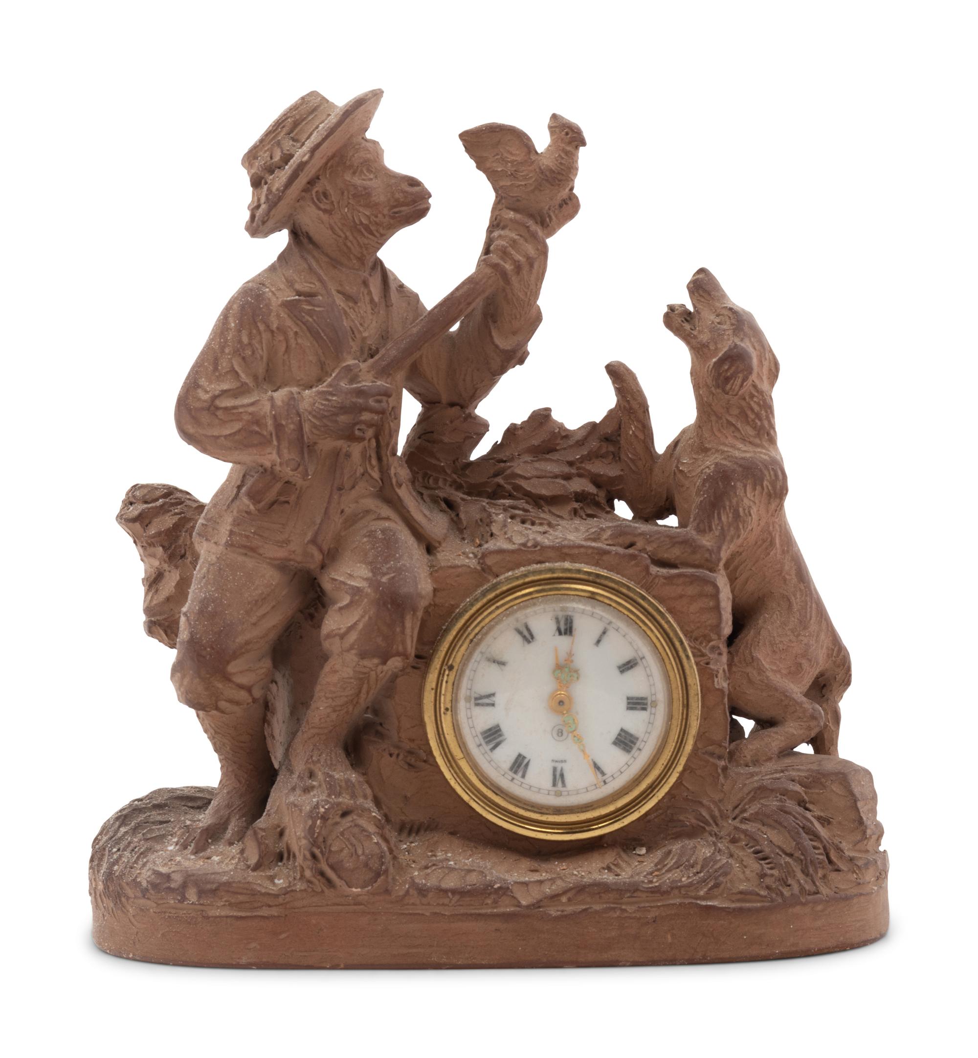 A Continental Terra Cotta Figural Clock