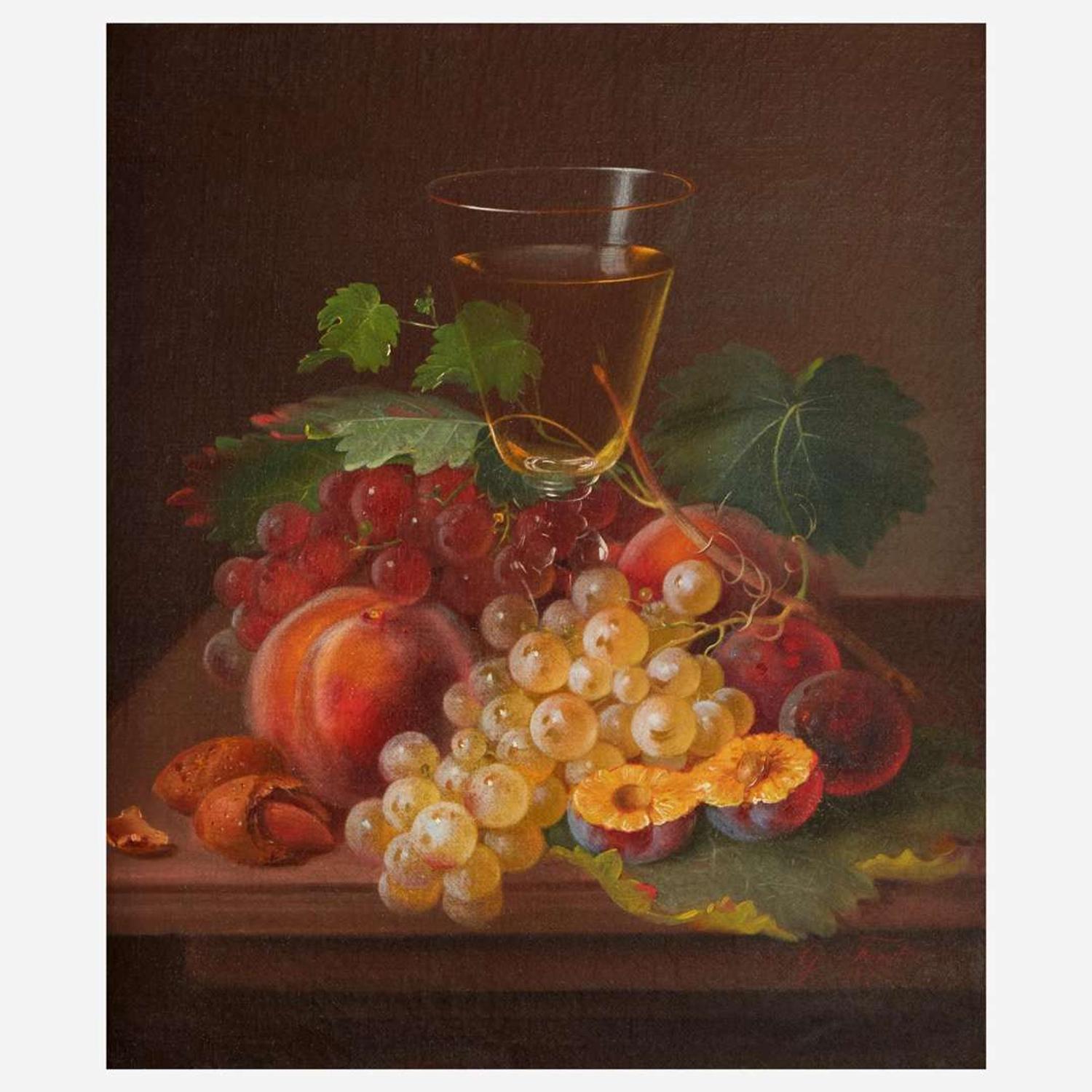George Forster (American, 1817–1896) Still Life with Wine Glass, Grapes, Plums and Peaches