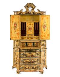An Italian Baroque Style Cream and Polychrome Painted Bureau Cabinet
