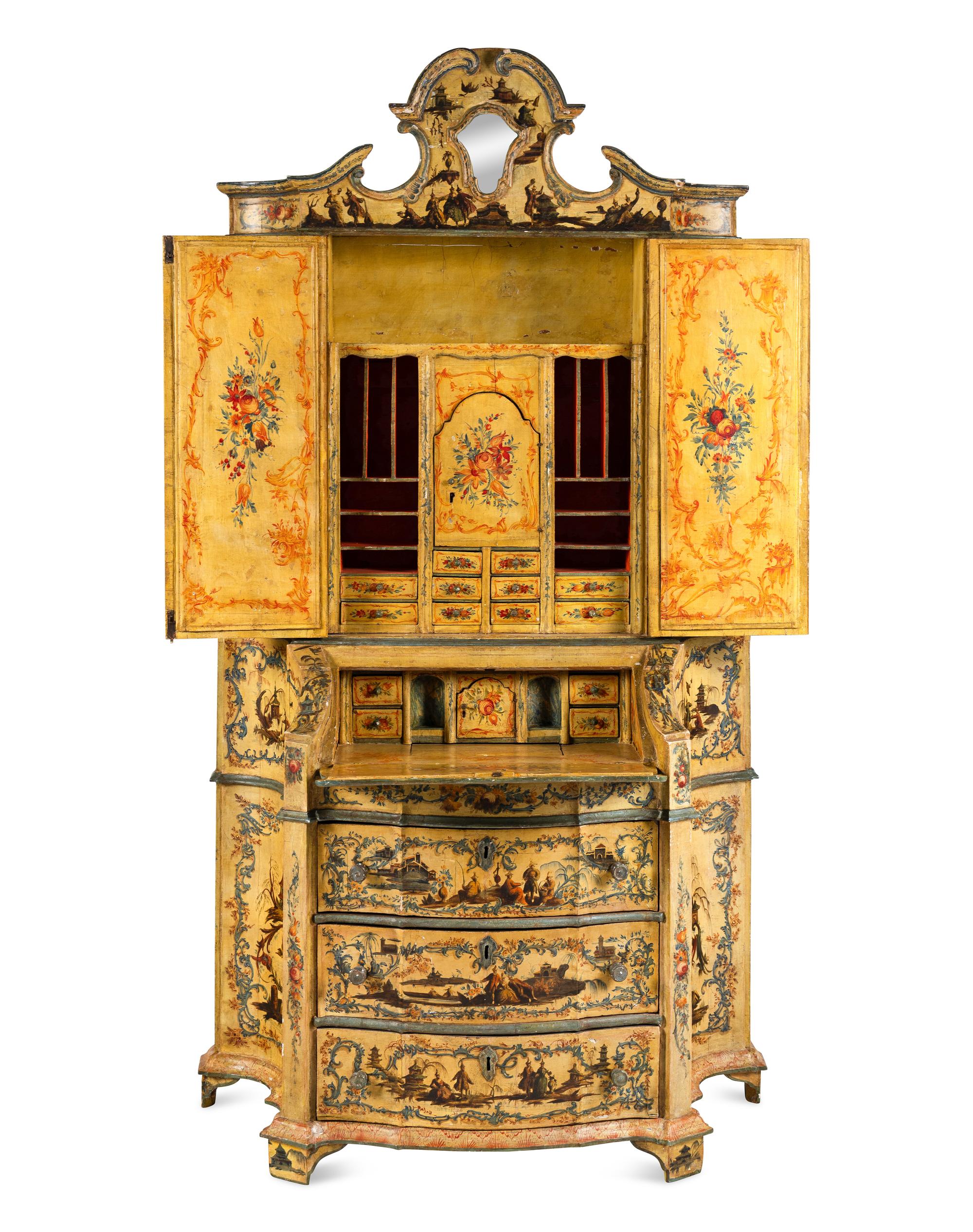An Italian Baroque Style Cream and Polychrome Painted Bureau Cabinet