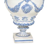 A Pair of Italian Blue and White Glazed Ceramic Covered Urns