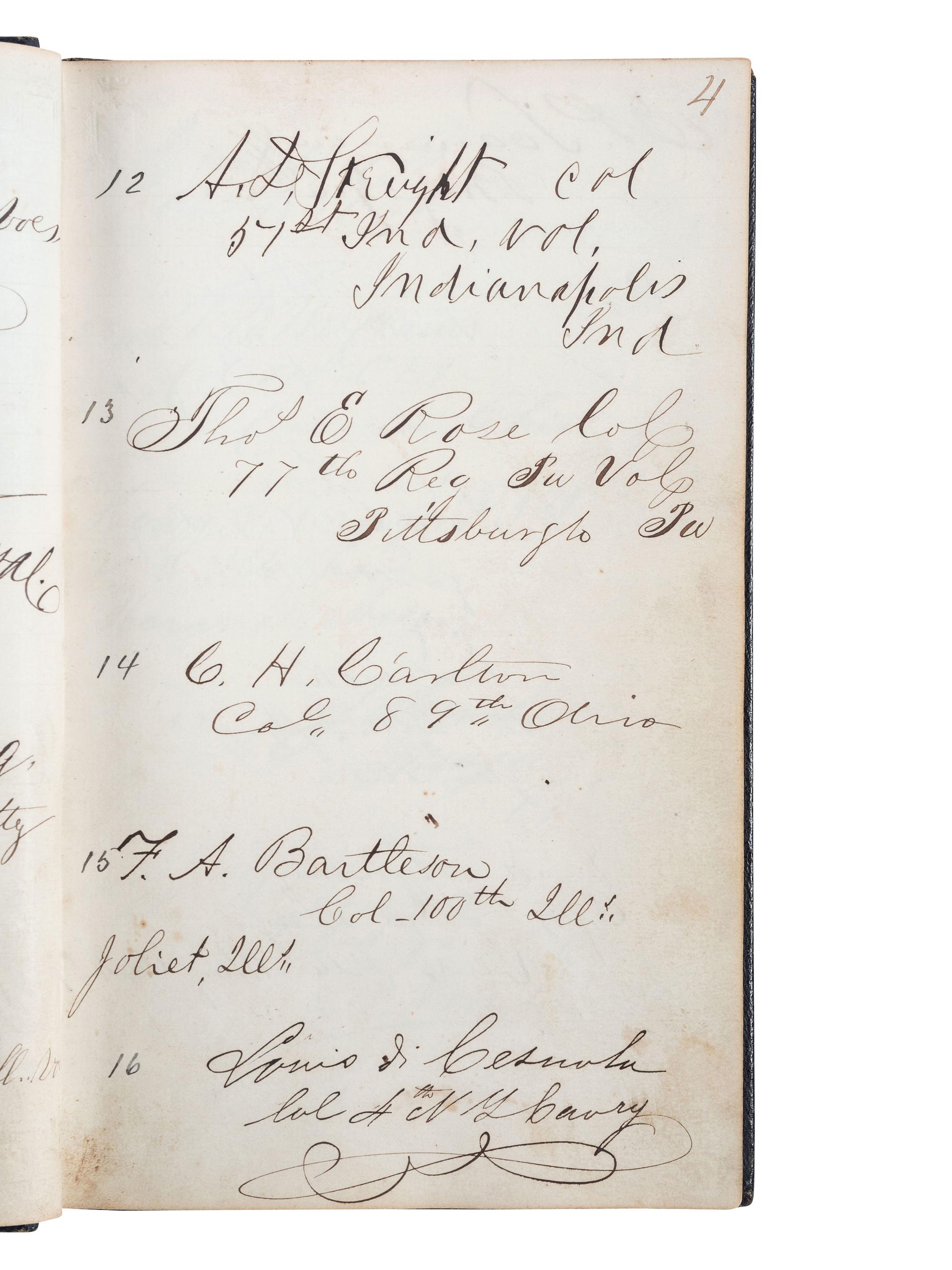 [CIVIL WAR]. Union POW autograph album signed by officers confined at Libby Prison and Bible identified to Capt. Alonzo Martin Keeler, 22nd Michigan Infantry.